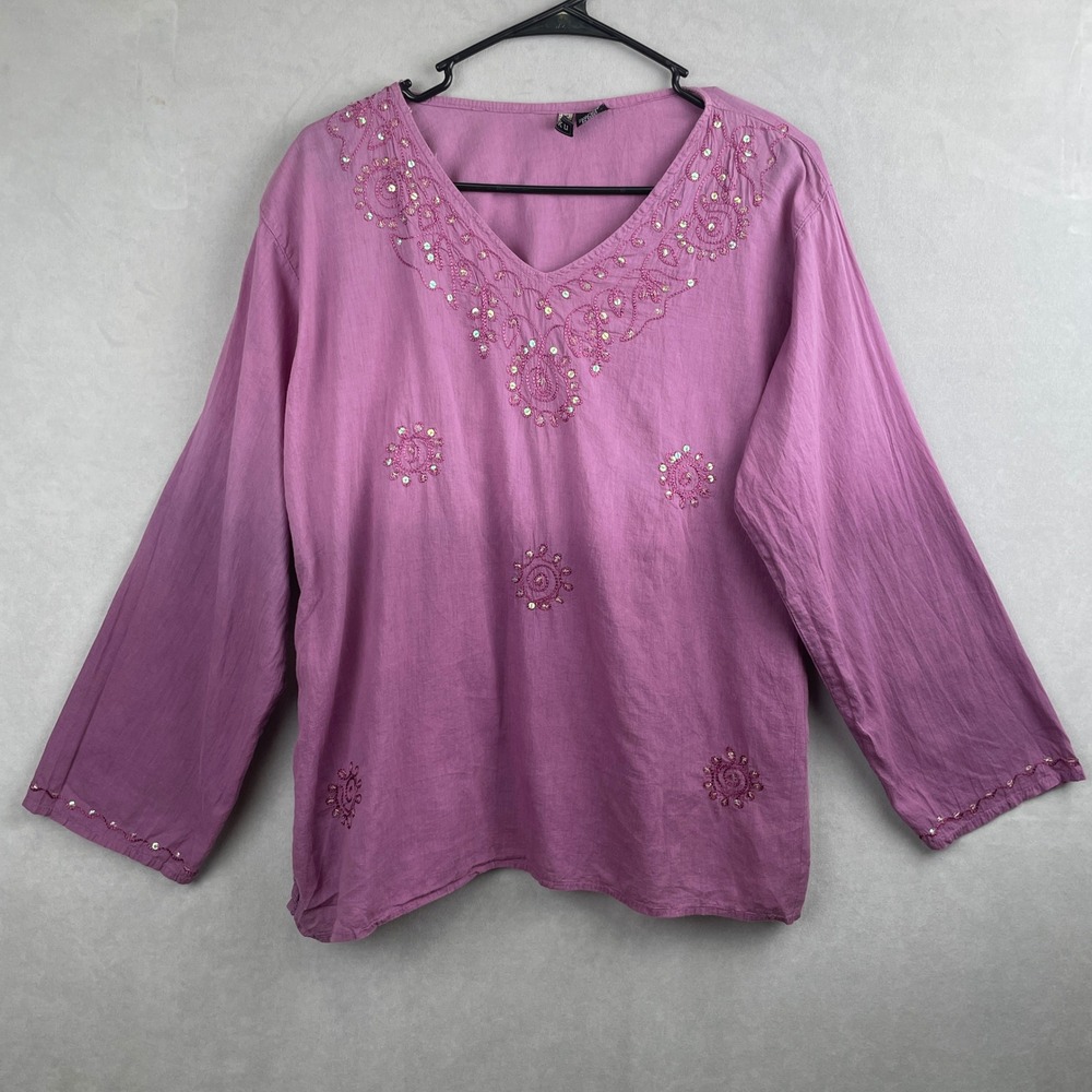 Vtg Kaaku Purple Cotton Embroider Sequin V-Neck Tunic Blouse Boho Hippie M India